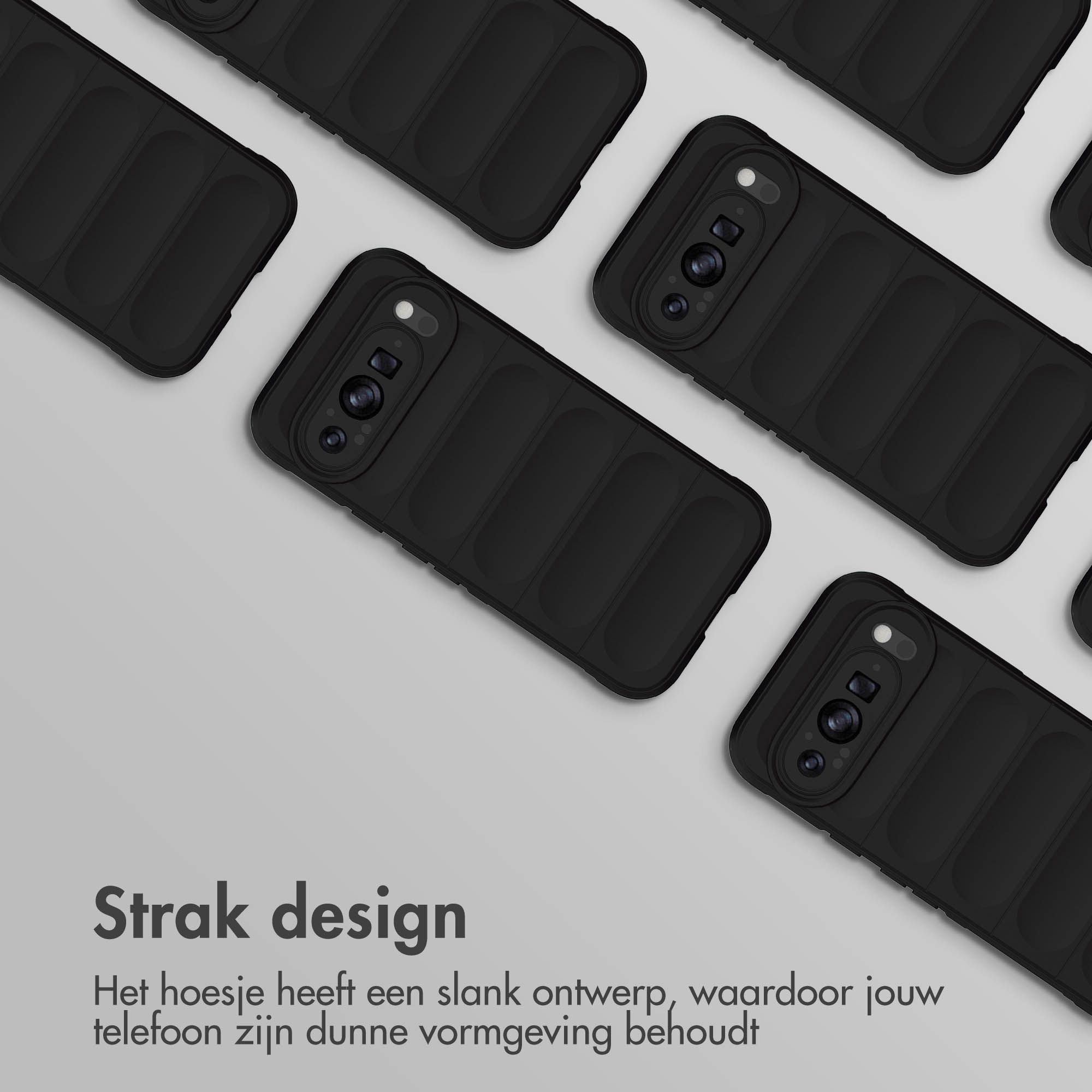 Des coques de téléphone noires sont disposées en diagonale, avec le texte 'Strak design' et du texte néerlandais en dessous.