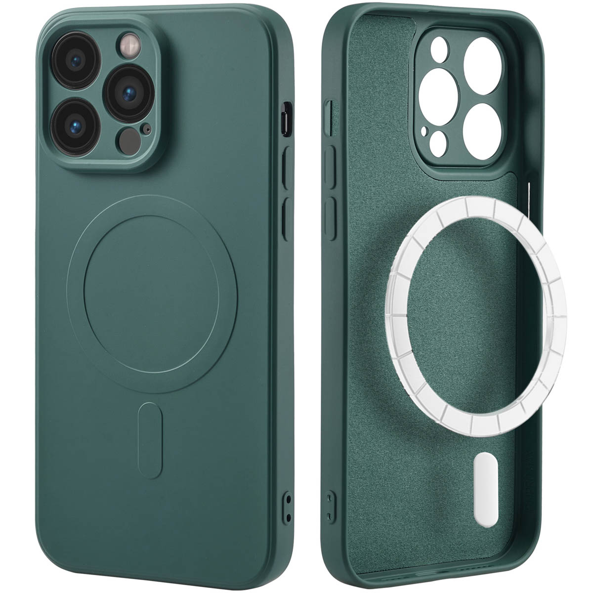 Groene telefoonhoes, voor- en achteraanzicht. Eén kant toont de hoes, de andere de MagSafe ring.