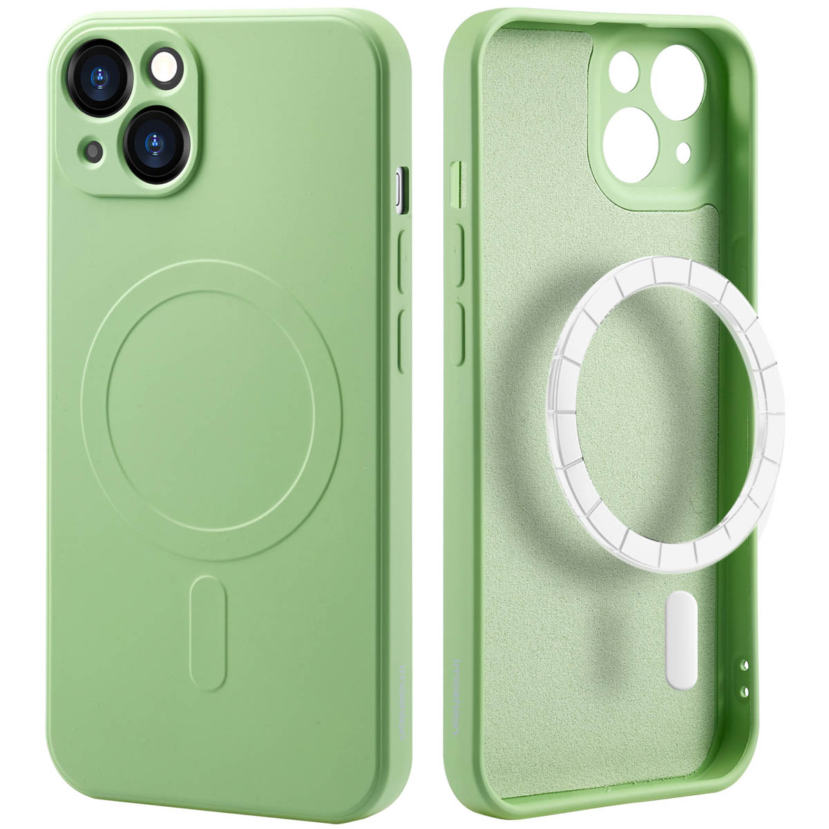 Groene telefoonhoes met MagSafe. Vooraanzicht en binnenaanzicht van de hoes, groene buitenkant en witte ring.