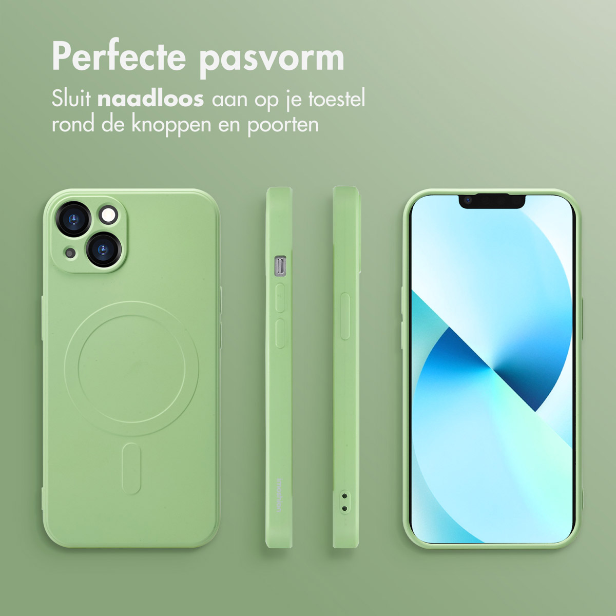 Groene telefoonhoes set. Voor-, zij- en achteraanzicht. Scherm is lichtblauw.