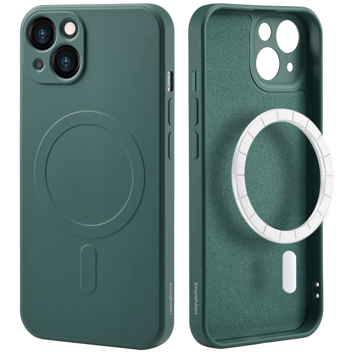 Groene telefoonhoes, meerdere weergaven. Hoes met witte cirkel en telefoon.