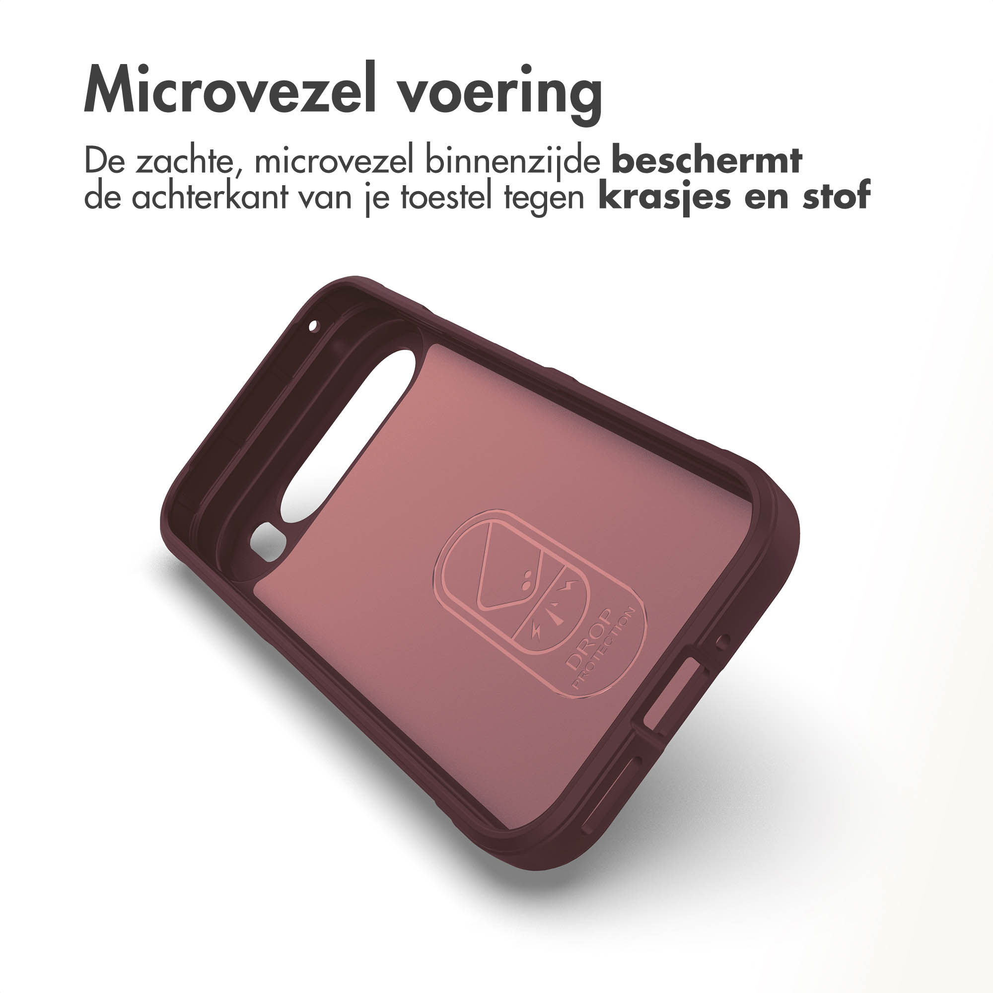 Telefoonhoesje binnenkant, bordeaux, met een logo. Tekst: Microvezel voering beschermt de achterkant van het apparaat.