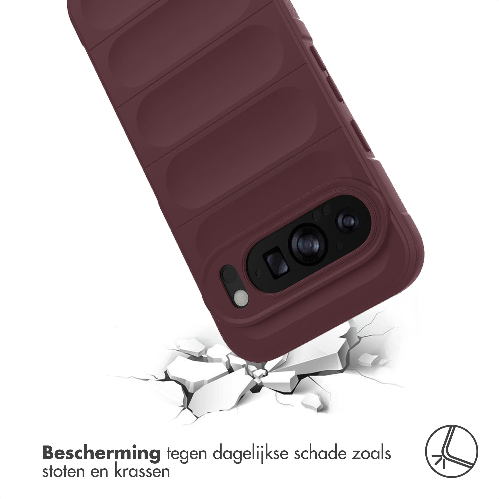 Bordeaux telefoonhoes valt, met scheuren op de vloer. Toont bescherming tegen vallen.