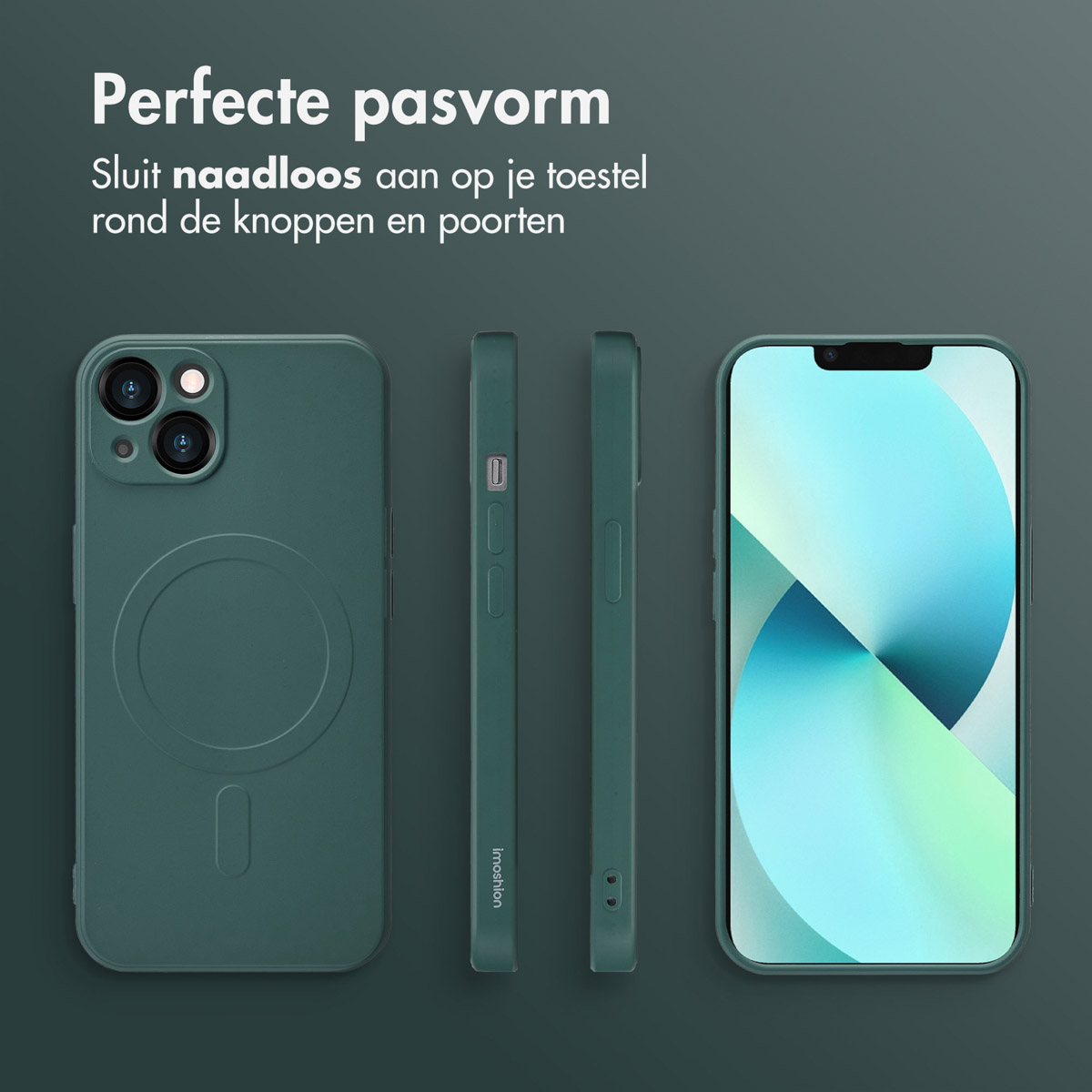 Groen telefoonhoesje met telefoon, met zij- en achteraanzicht met camera-uitsparingen.