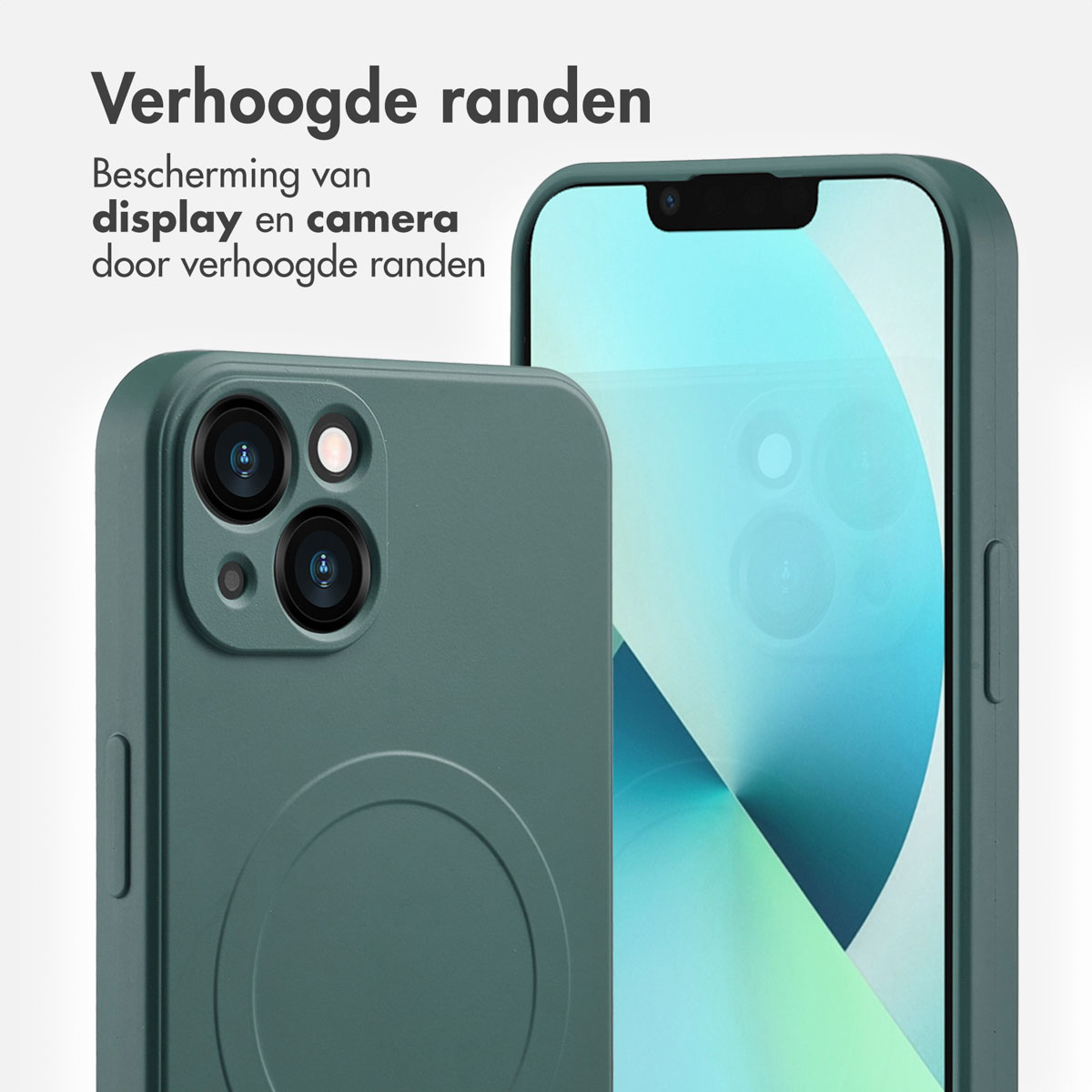 Groene telefoonhoes met de telefoon erin. De cameralenzen en het scherm zijn zichtbaar. Witte achtergrond.