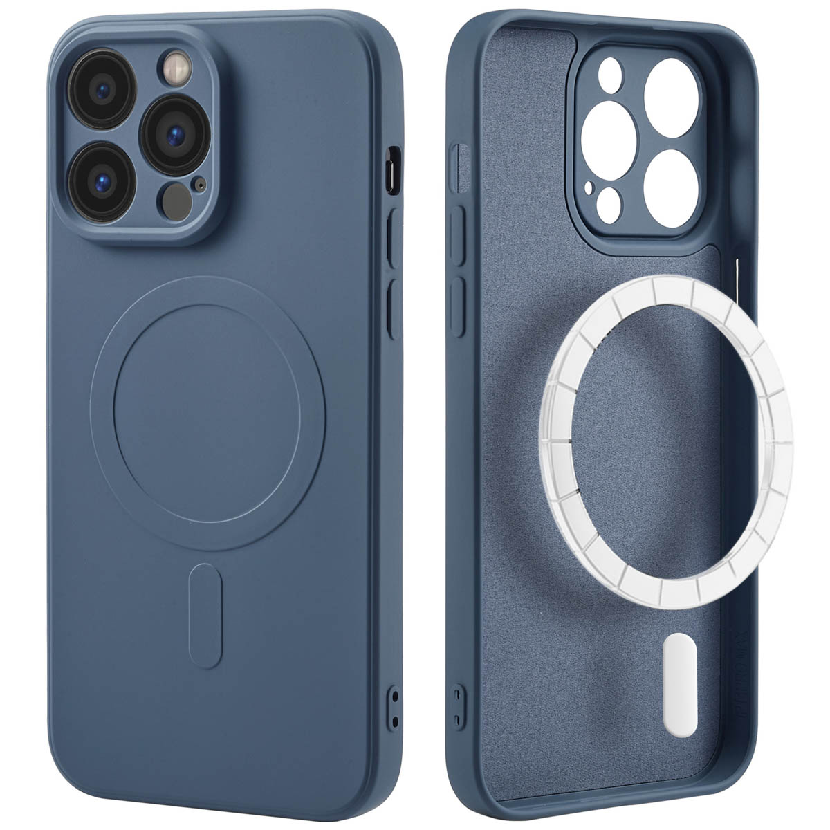 Blauwe telefoonhoes en telefoon met een witte cirkel. Achtergrond is wit.