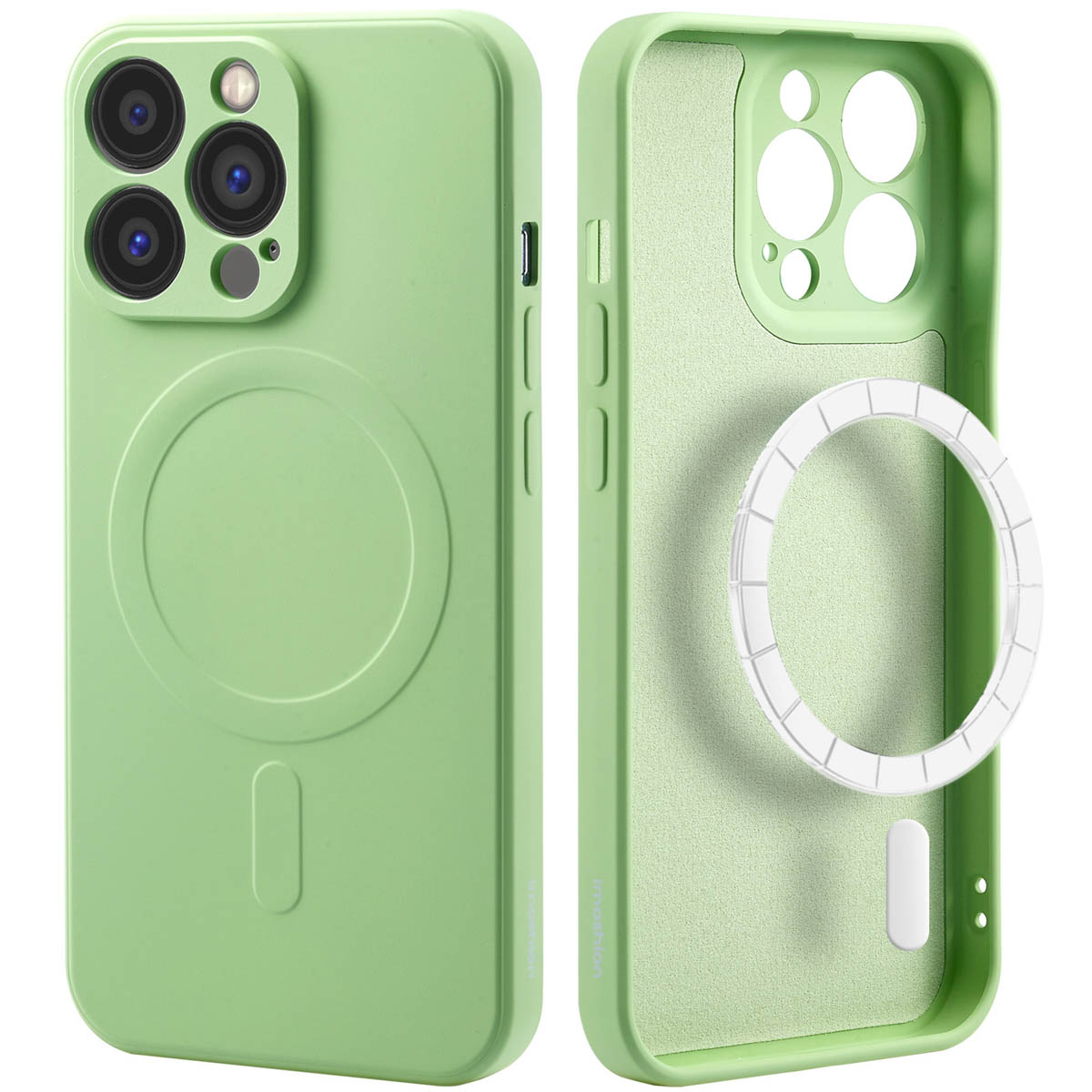 Groene telefoonhoes, de achterkant en binnenkant tonend, met een ring voor MagSafe.