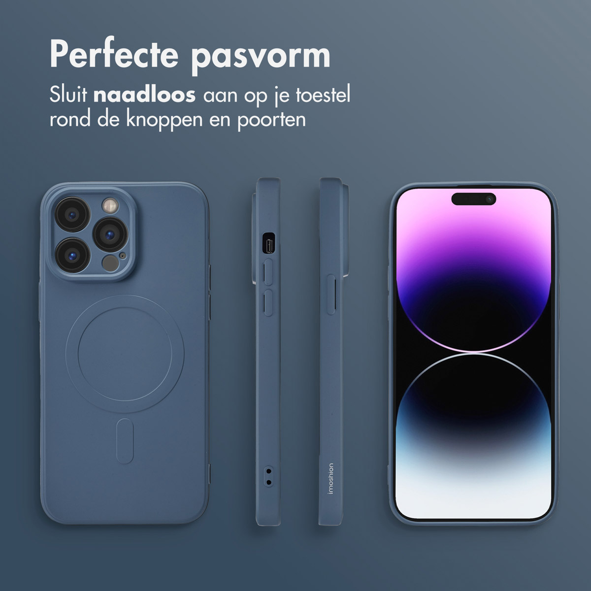 Blauwe telefoonhoesjes. Tekst: Perfecte pasvorm, naadloos rond knoppen en poorten.