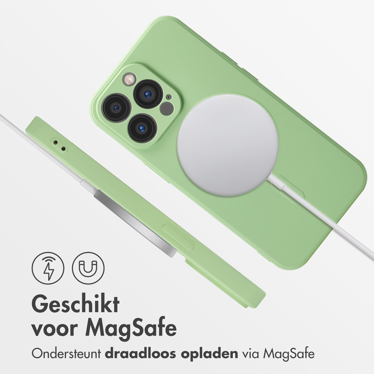 Een lichtgroene telefoon met MagSafe-oplader. Geschikt voor MagSafe.