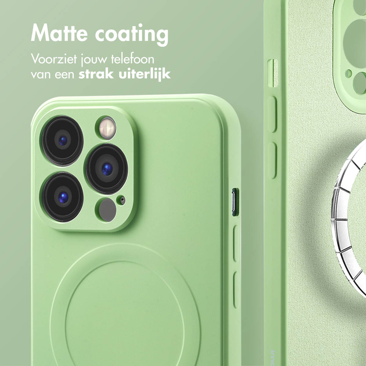 Groene telefoonhoes met camera-uitsparing en ringhouder. Matte coating.