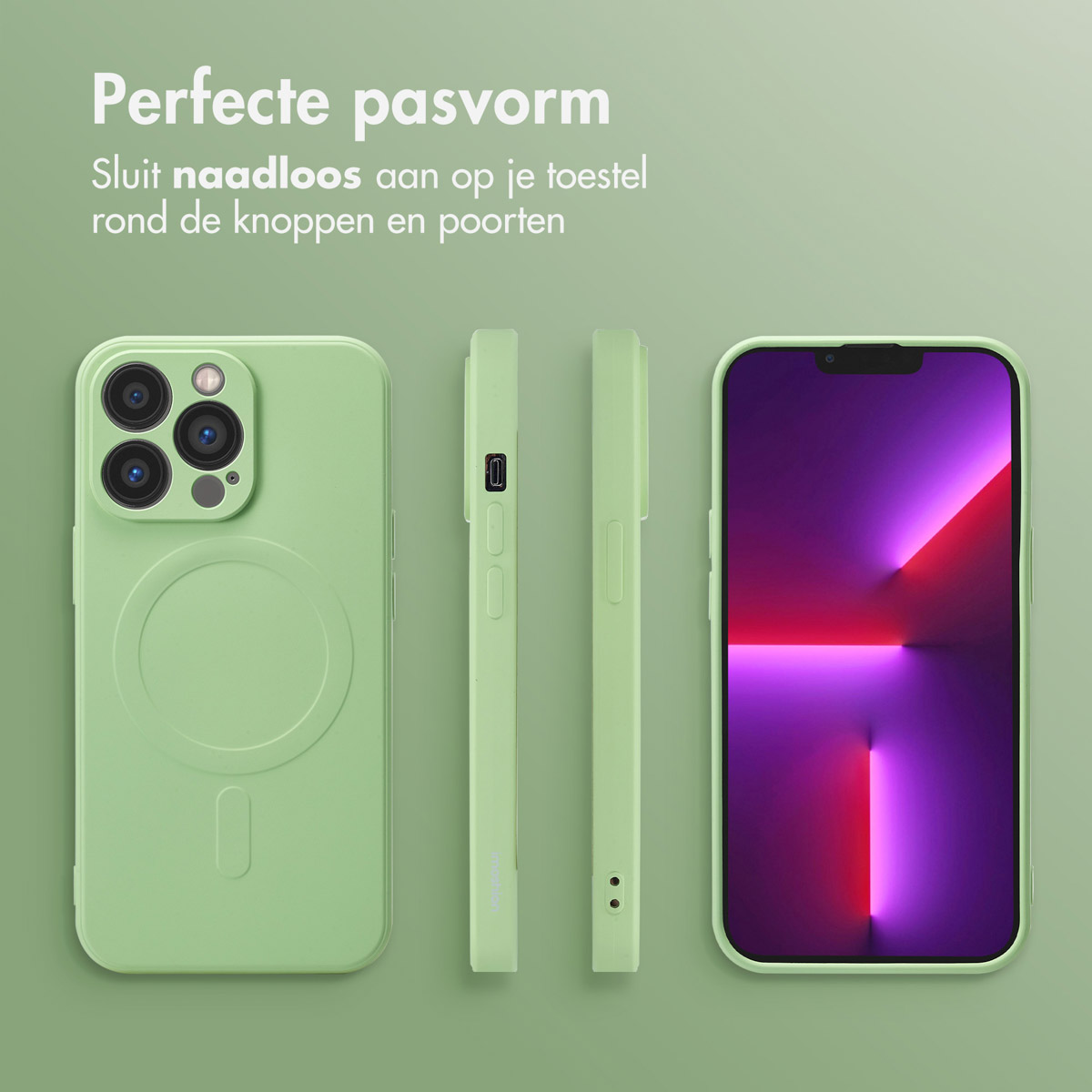 Groene telefoonhoesjes in verschillende aanzichten. Eén met de telefoon erin, andere tonen zijkanten. Grijze achtergrond.