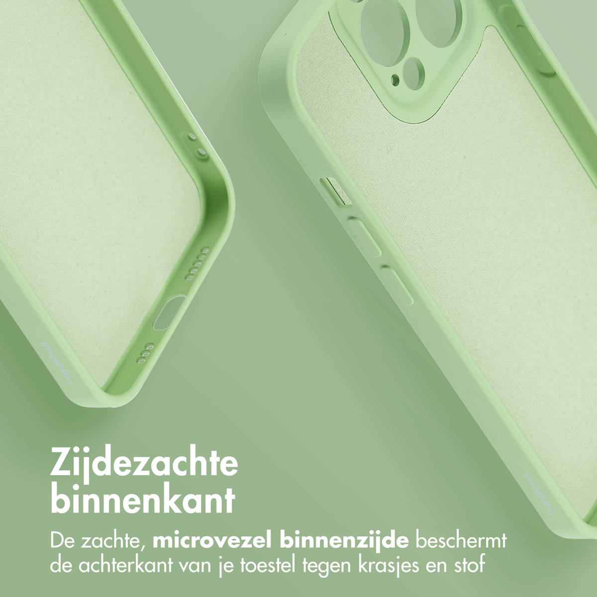 Groene telefoonhoes met MagSafe. Close-up van de binnenkant van de hoes, met een zachte, lichtgroene voering.