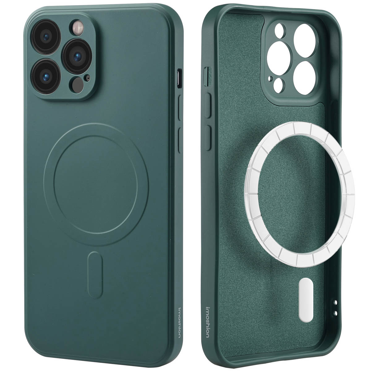 Coque de téléphone verte. Montrant l'avant et l'arrière. Anneau magnétique à l'arrière.