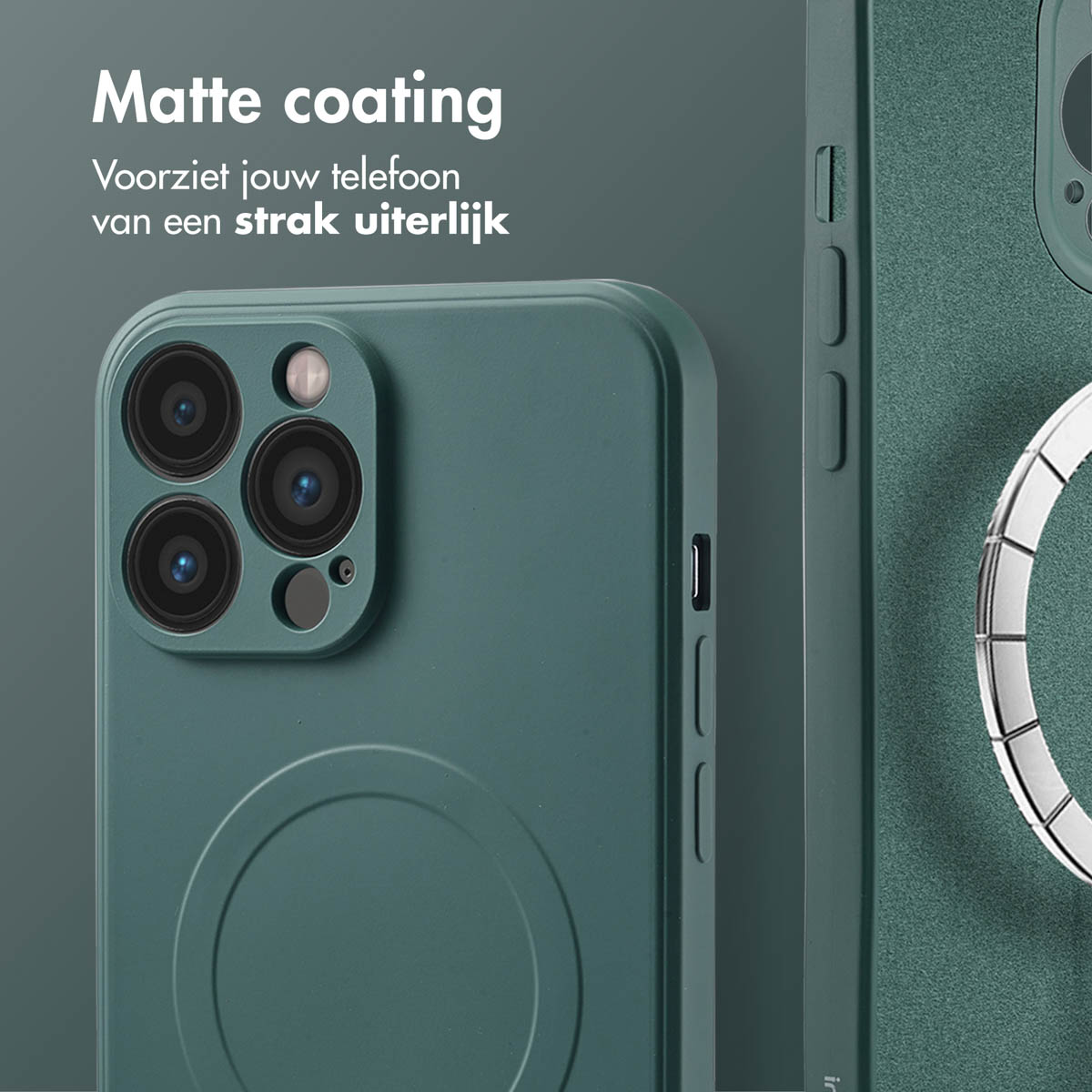 Gros plan sur une coque de téléphone verte. Texte : 'Revêtement mat' et 'Voorziet jouw telefoon van een strak uiterlijk'.