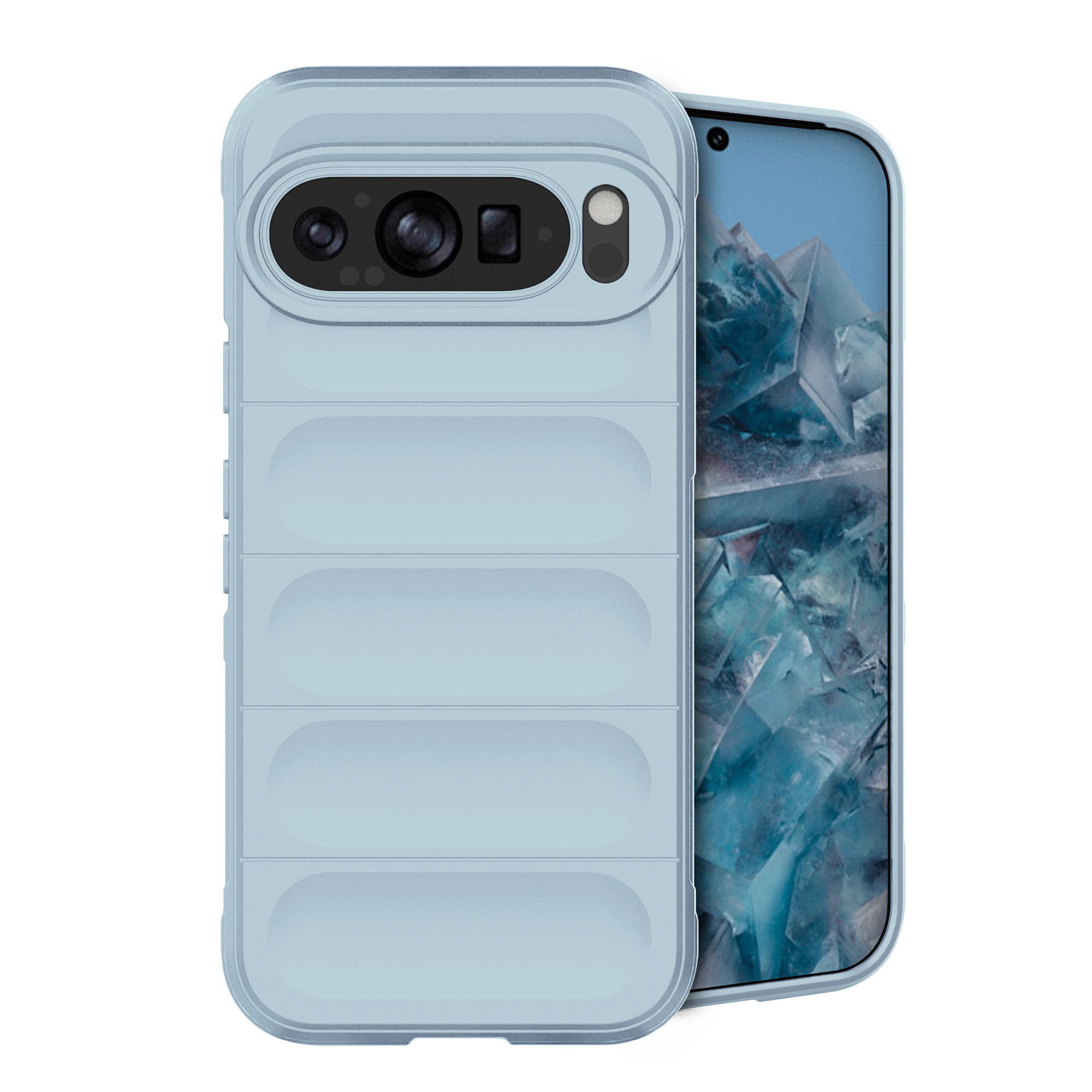 Coque de téléphone bleu clair et téléphone. Texte : Coque avec protubérance de caméra et écran de téléphone.