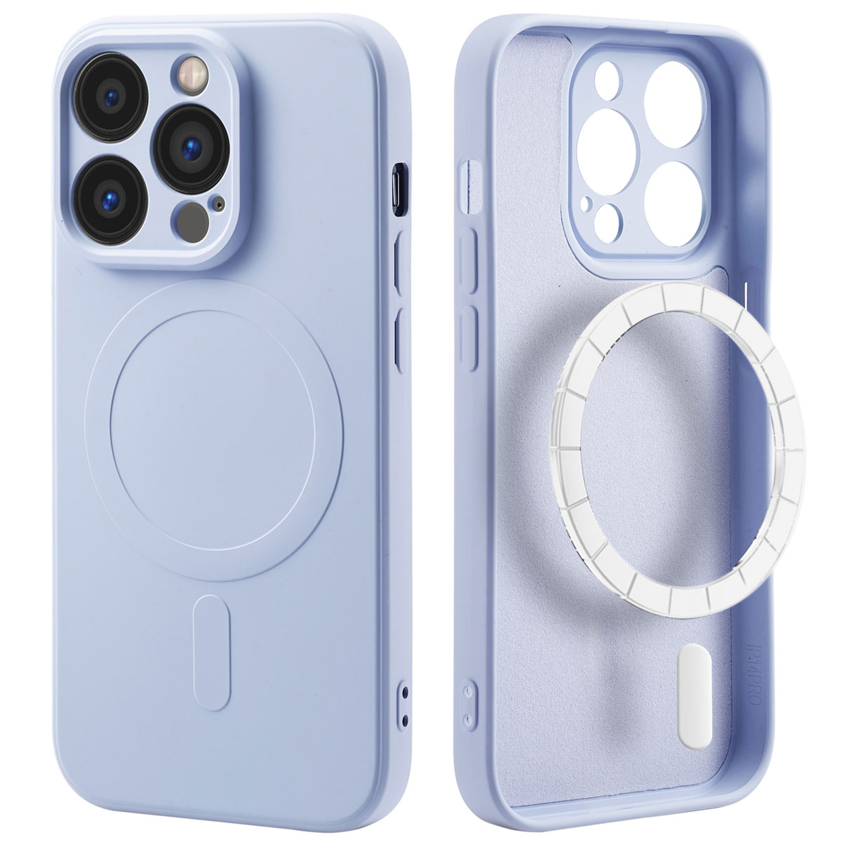 Twee lichtblauwe telefoonhoesjes, één open en de binnenkant tonend. Beide hebben afgeronde randen en een cirkelvormig kenmerk.