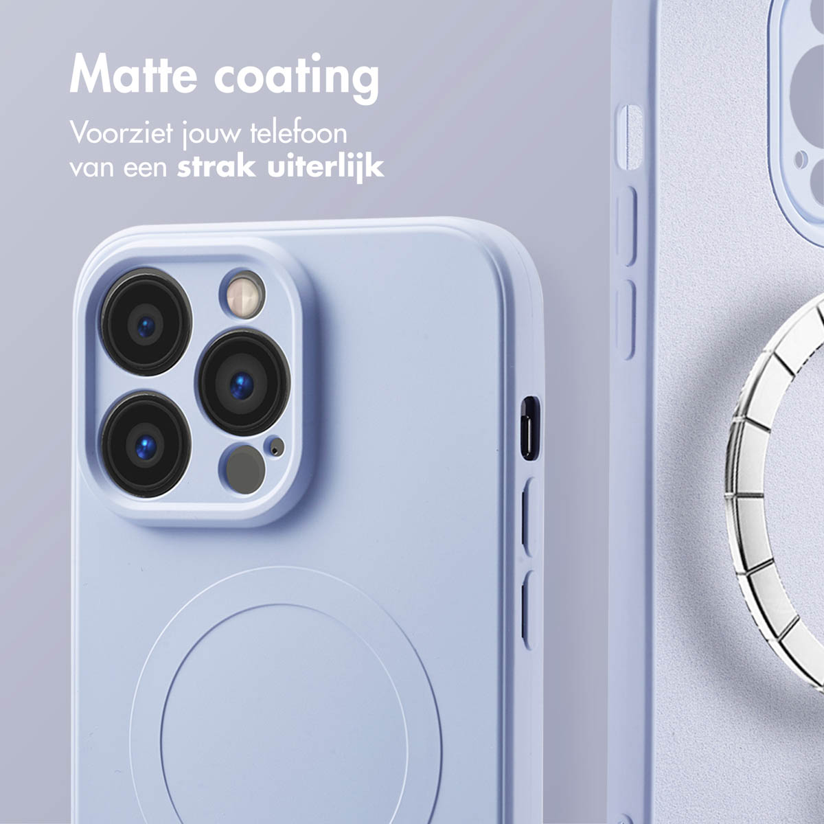Lila telefoonhoesje met een telefoon en een zilveren cirkel. Tekst: Matte coating zorgt voor een strakke look.