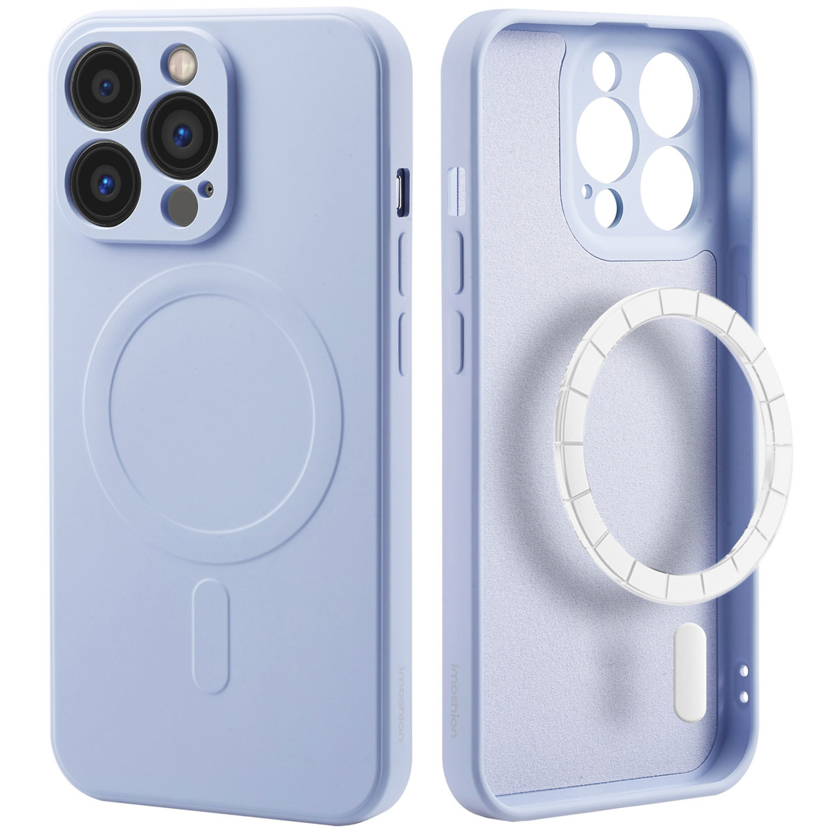 Lichtblauwe telefoonhoes met telefoon erin, zichtbaar binnen en buiten. Witte achtergrond.