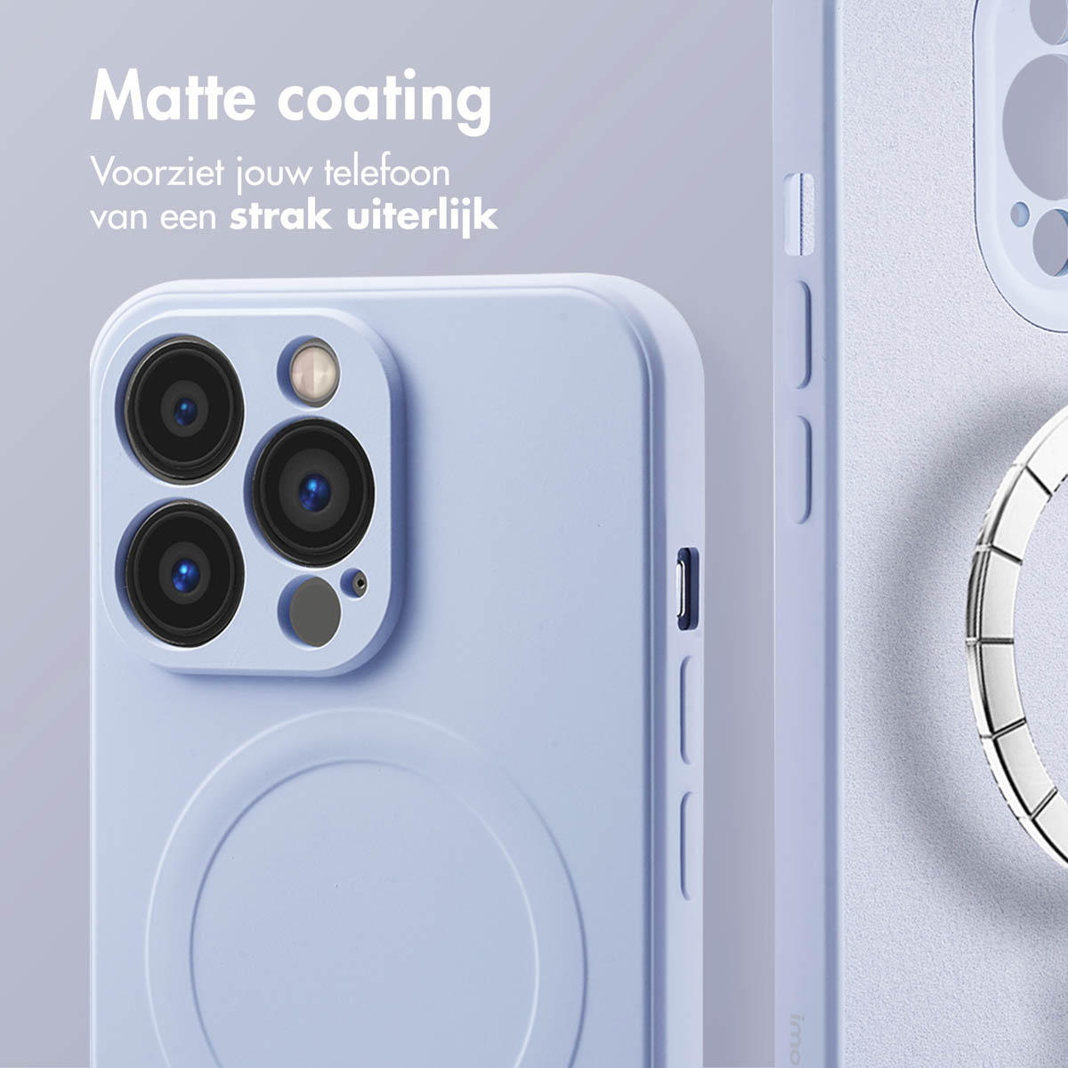 Paarse telefoonhoes met magnetische ring. De telefoon en de hoes staan op de foto.