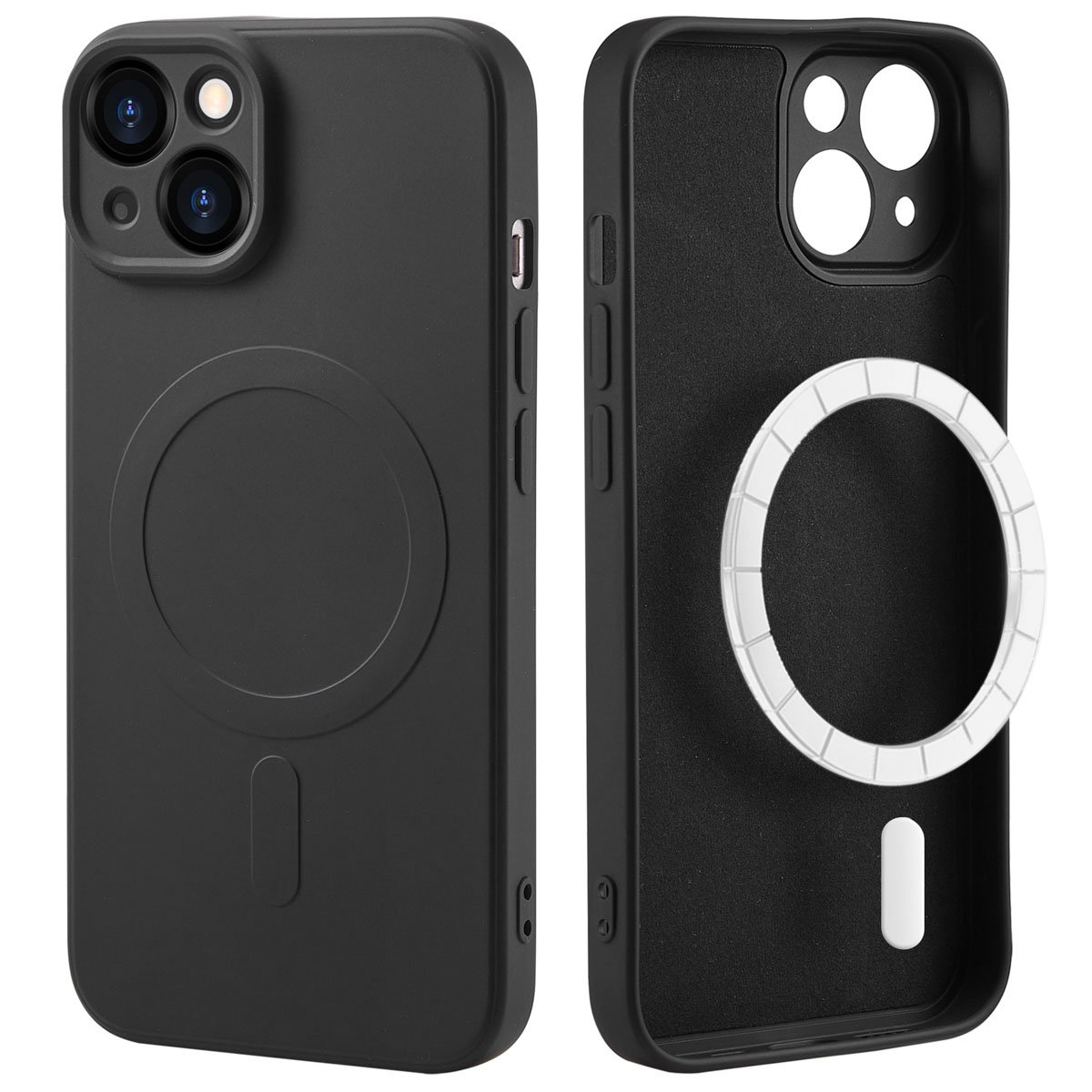 Deux images d'une coque de téléphone noire montrant une vue de face et intérieure avec un cercle blanc.