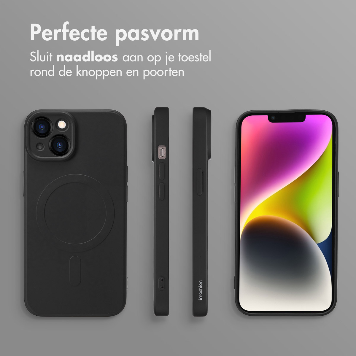 Coques de téléphone noires. Montre l'avant, le côté et l'arrière d'une coque. Texte : 'Perfecte pasvorm'.