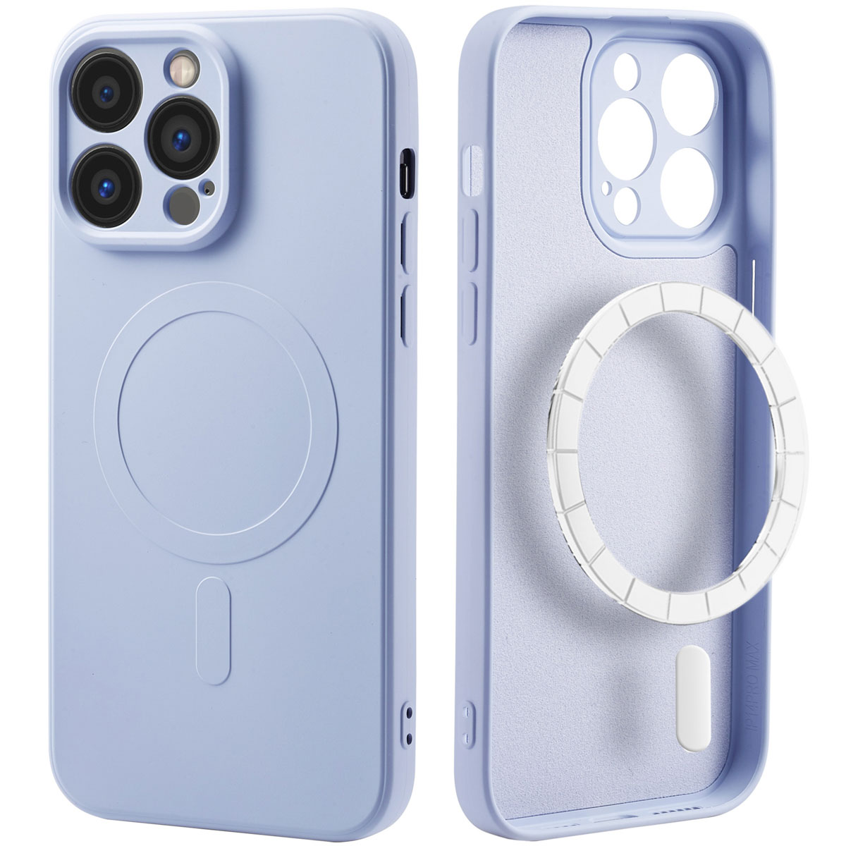 Lichtblauwe telefoonhoes, met de telefoon getoond, heeft een cirkel in het midden voor een oplader.
