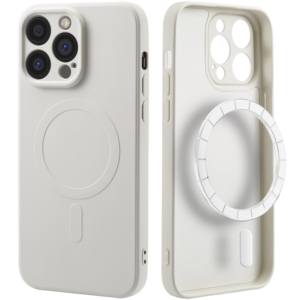 Witte telefoonhoes, voor- en achterkant. De achterkant toont een cirkelvormige magneet.