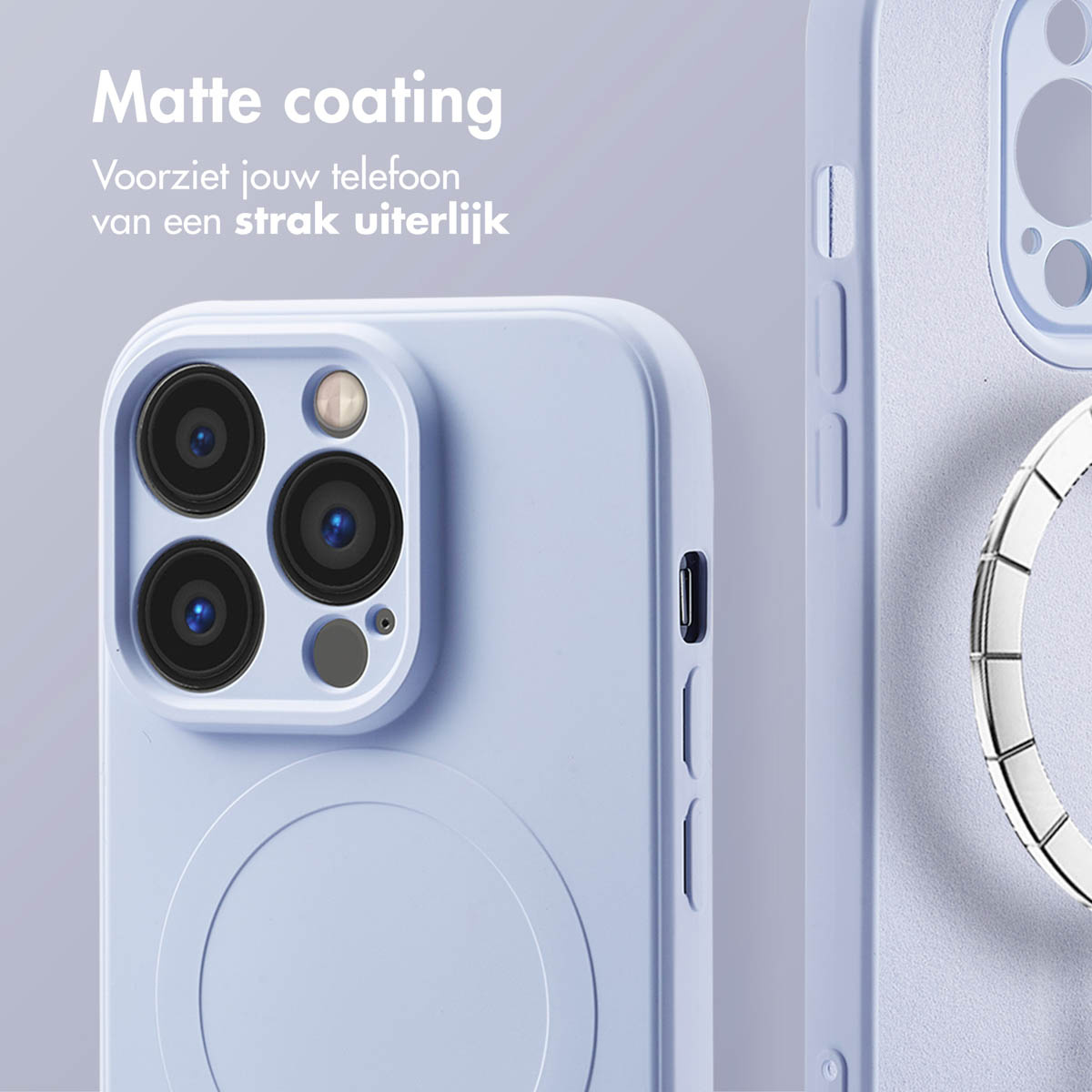 Een paarse telefoonhoes met drie cameralenzen en een magnetische ring.