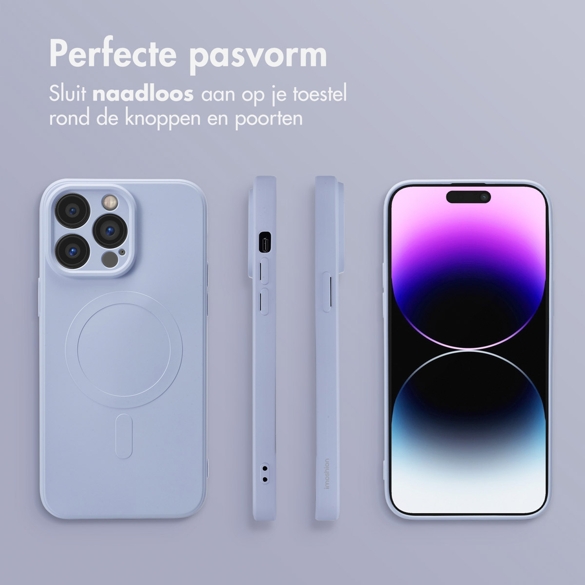 Drie telefoons en hoesjes in blauw. Tekst: 'Perfecte pasvorm', 'Sluit naadloos aan op je toestel'.