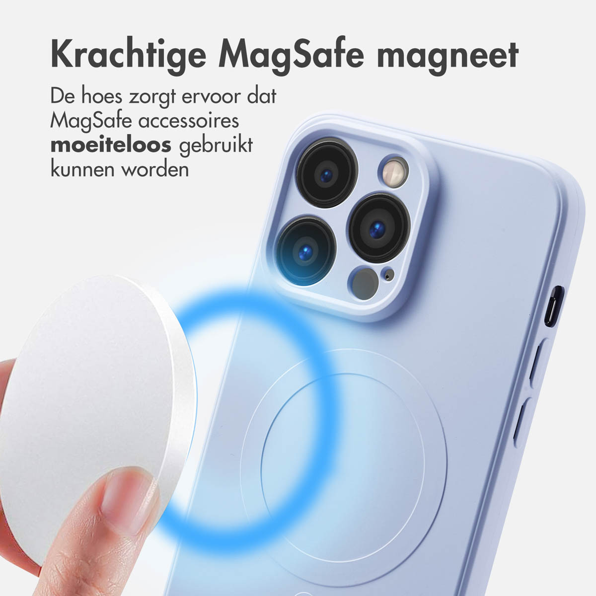 Een witte MagSafe-accessoire wordt bij een lichtpaarse telefoonhoes gehouden. De tekst luidt 'Krachtige MagSafe magneet'.