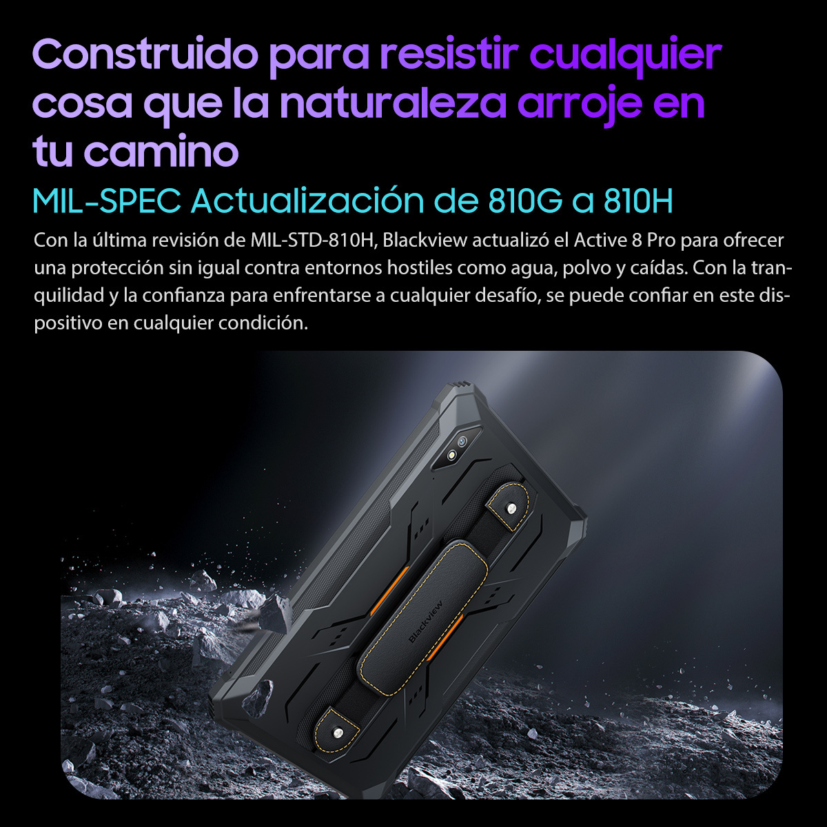 Telefono nero robusto con cinturino, su sfondo roccioso, circondato da testo.