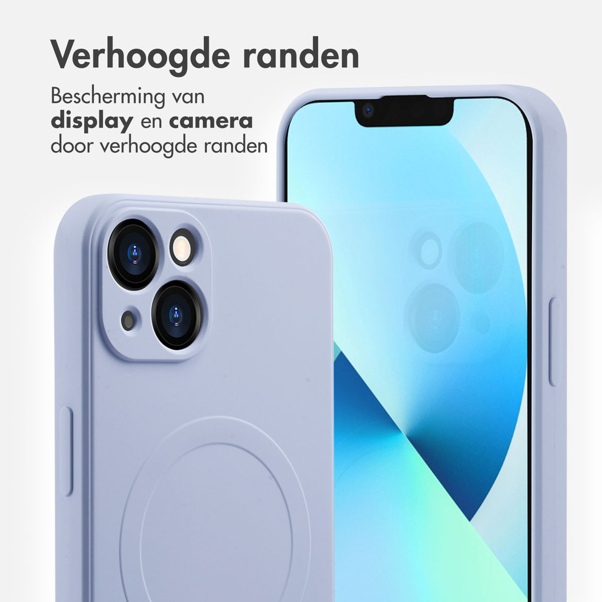 Blauwe telefoonhoes met telefoon. Tekst: Verhoogde randen beschermen display en camera.