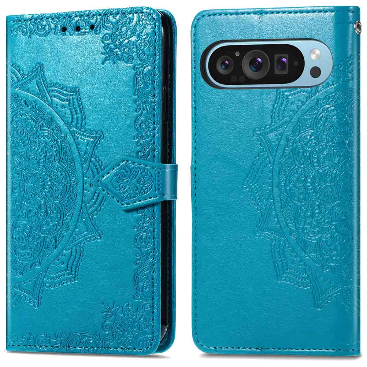 Twee teal leren telefoonhoesjes, gesloten en open, met mandala ontwerp en camera-uitsparingen.