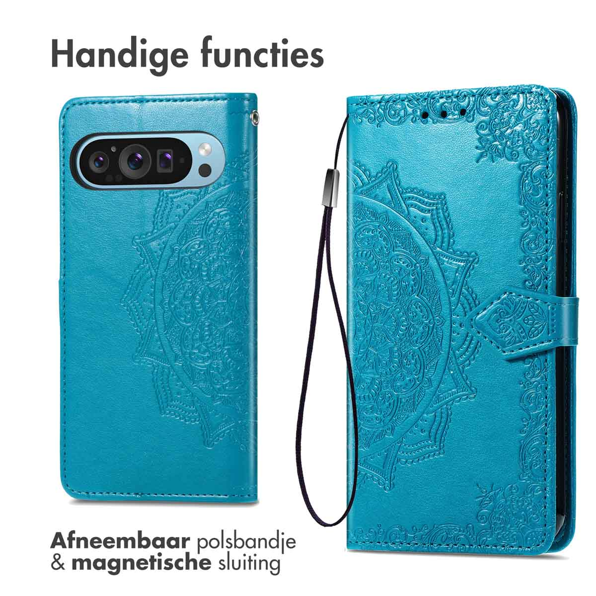 Teal portemonnee telefoonhoes met afneembare polsband en magnetische sluiting.