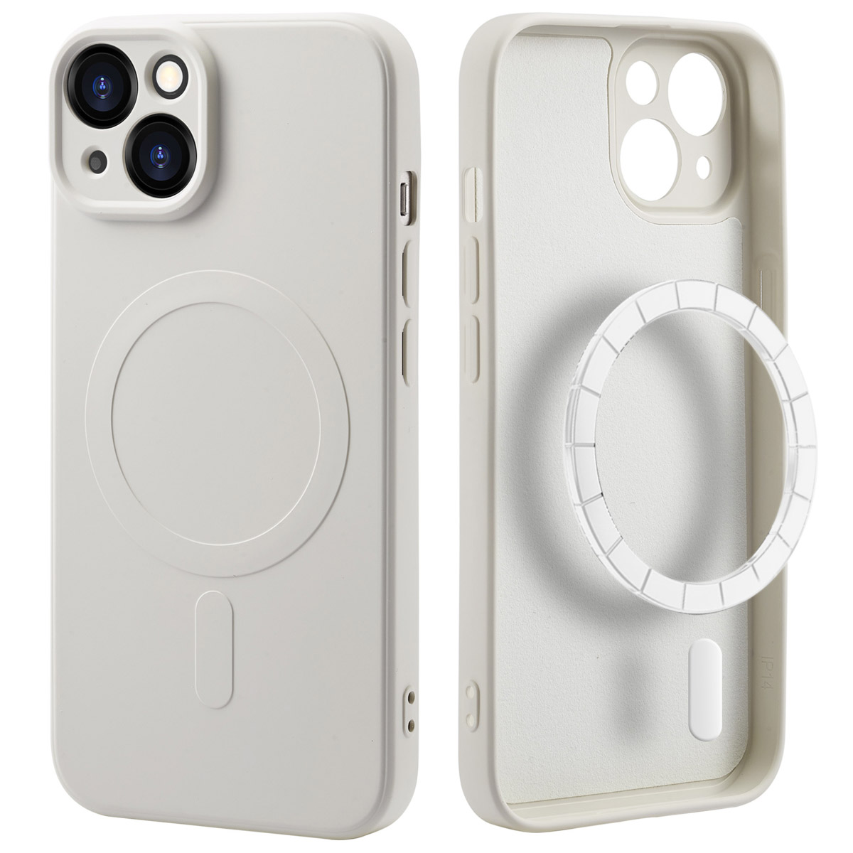 Deux coques de téléphone blanches, avec le téléphone à l'intérieur et le cercle magsafe.