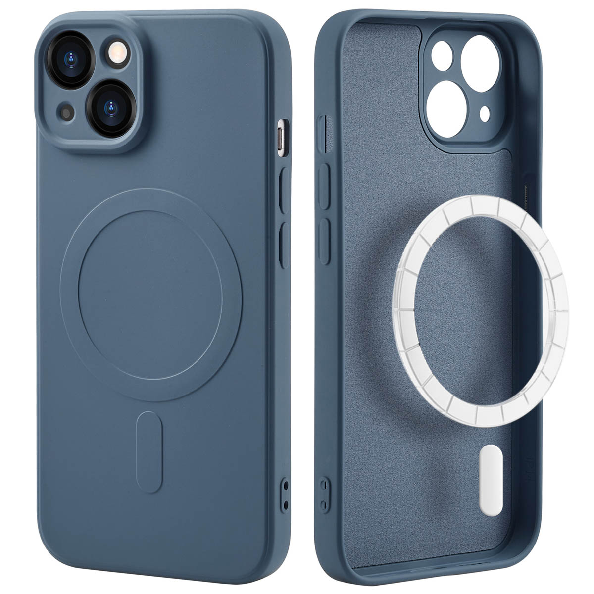 Coque de téléphone bleue montrant l'intérieur et l'extérieur. Cercle et découpe MagSafe.