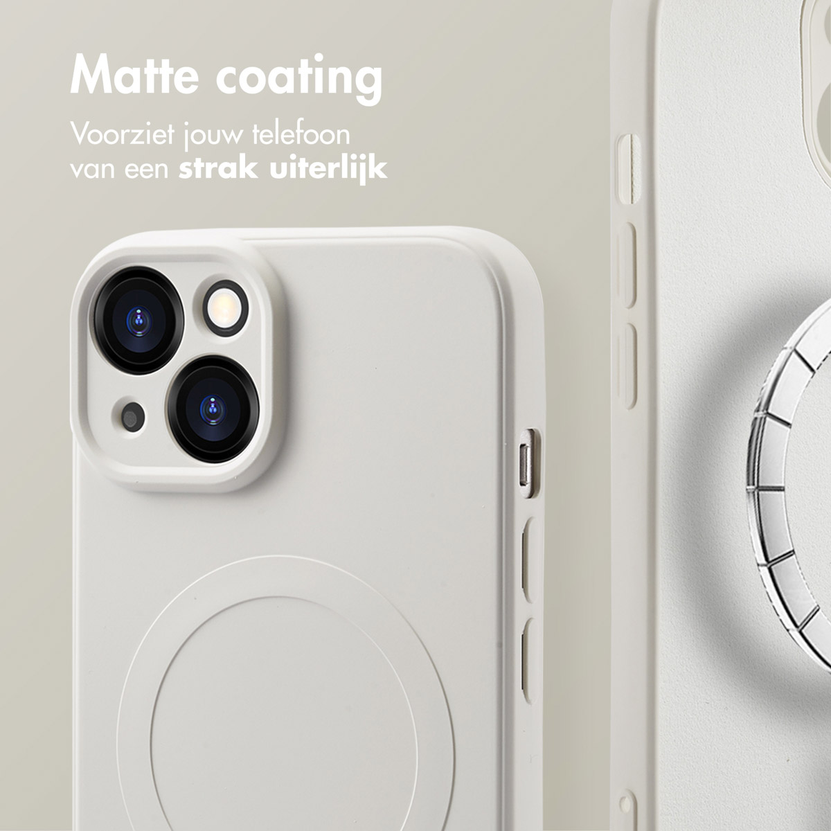 Coque de téléphone blanc cassé en gros plan. Le texte dit 'Revêtement mat'.