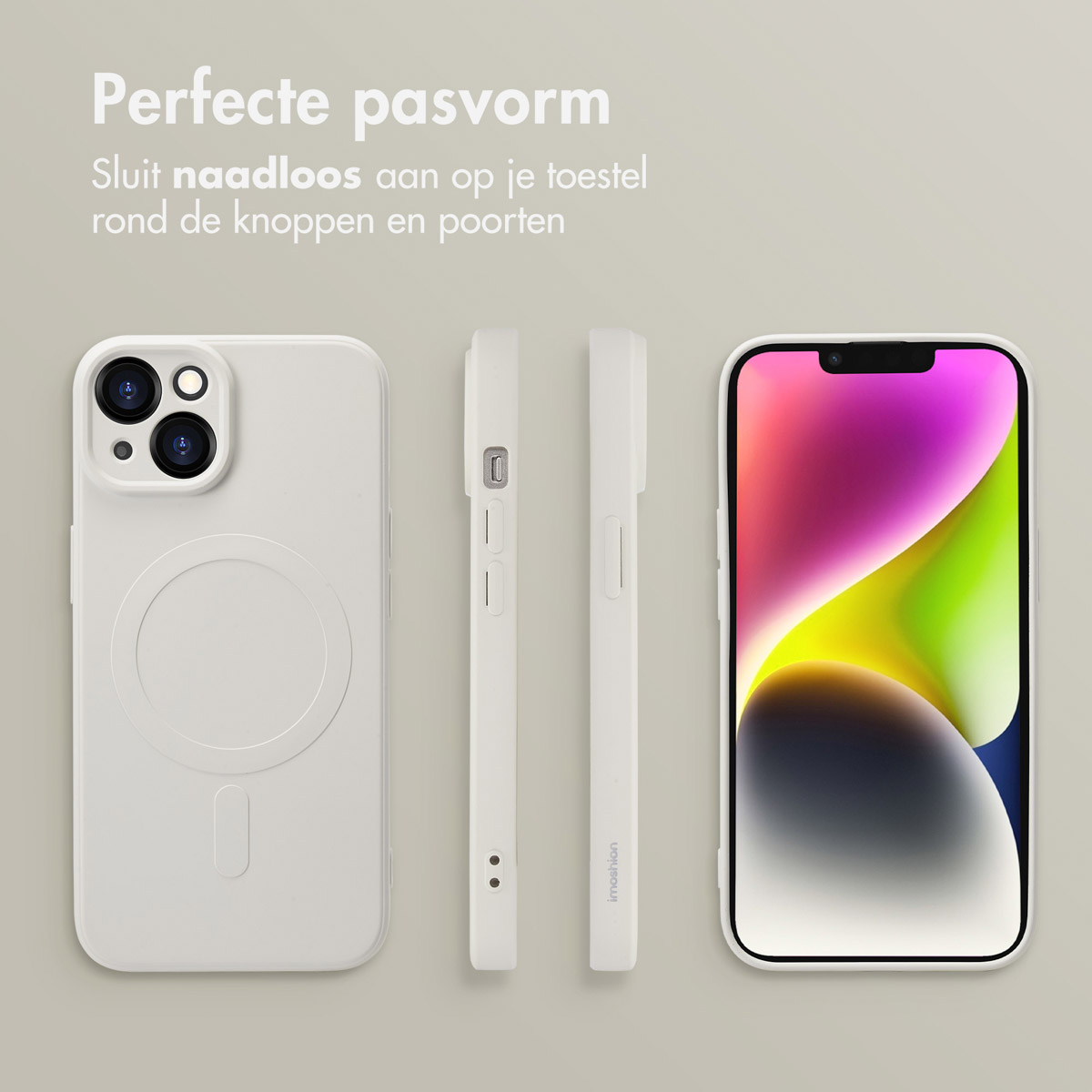 Coque de téléphone blanche avec téléphone, montrant les vues latérales et arrière avec découpes pour caméra.