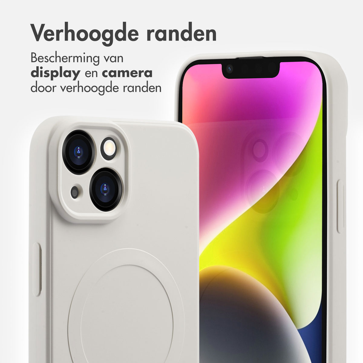 Coque de téléphone blanche avec bords surélevés protégeant l'écran et la caméra.