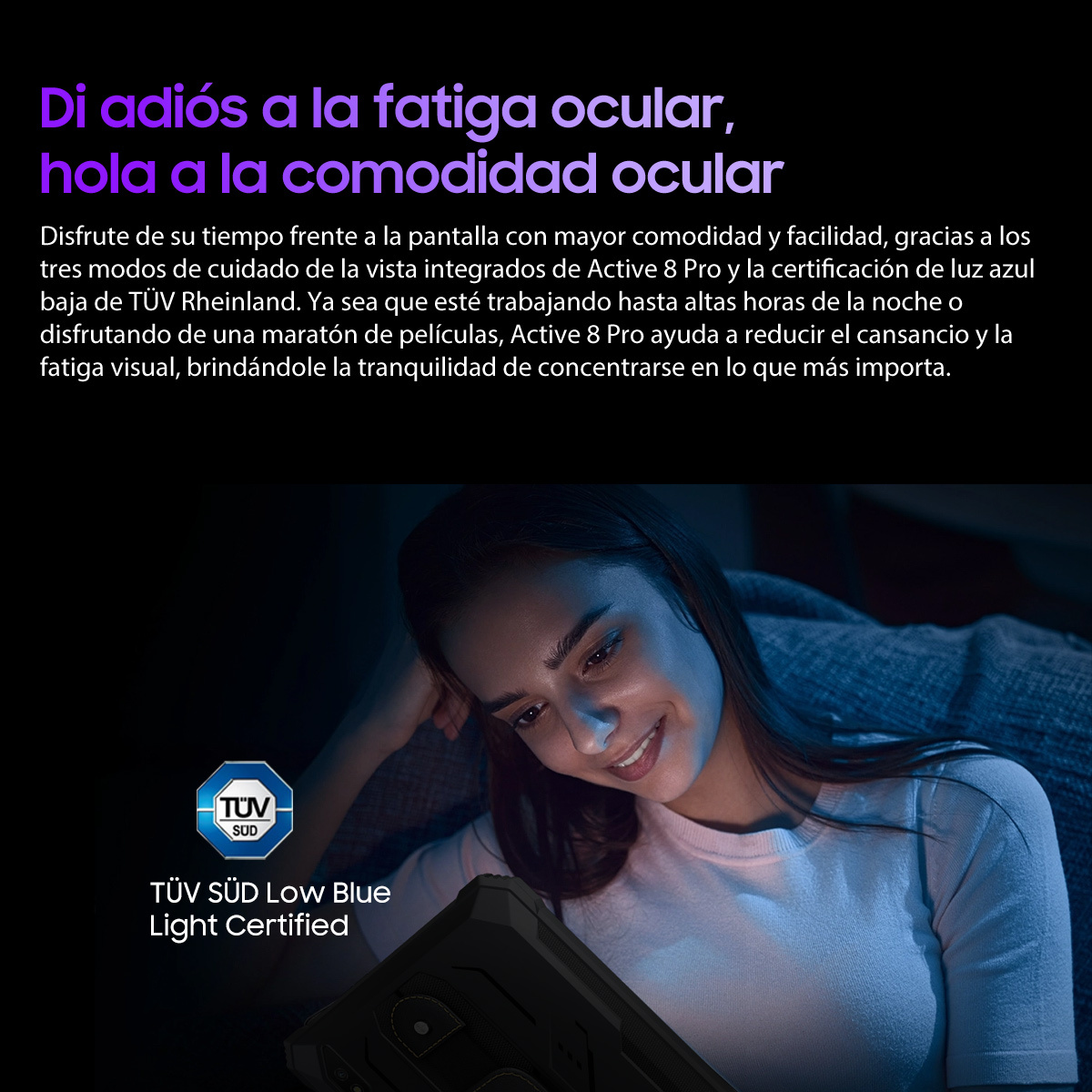 Donna che utilizza un tablet. Il testo indica le funzioni di comfort visivo, certificazione luce blu.