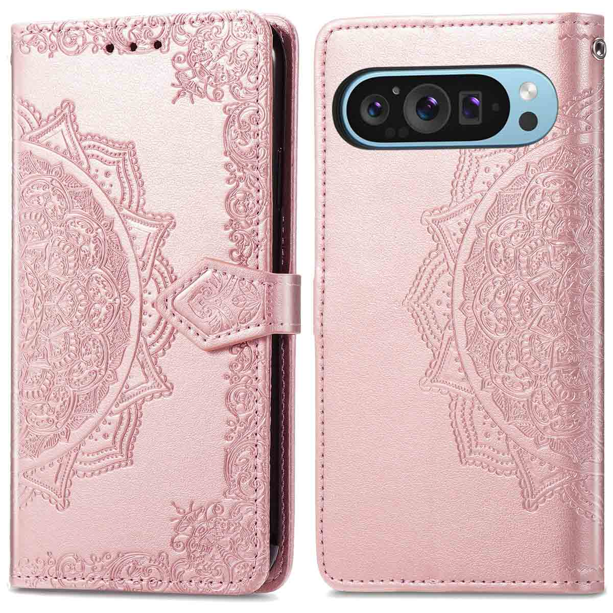 Roze telefoonhoesje met bloemenpatroon. Voorzien van een sluiting en decoratieve details.