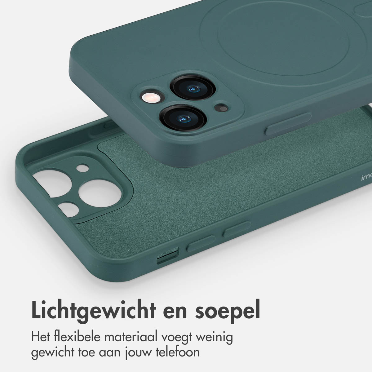 Deux coques de téléphone, une sarcelle. La coque supérieure est ouverte et la inférieure est légèrement à l'intérieur. La caméra est visible.