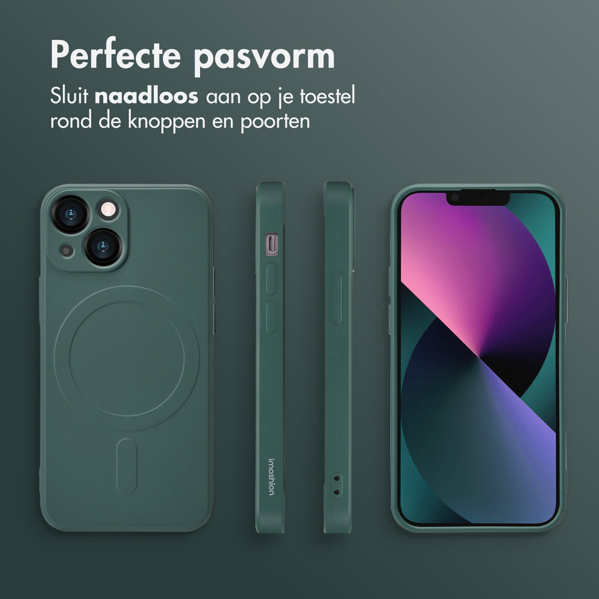 Quatre étuis de téléphone et un téléphone. Le téléphone est dans un étui vert et a un écran coloré. Les autres étuis sont des profils.