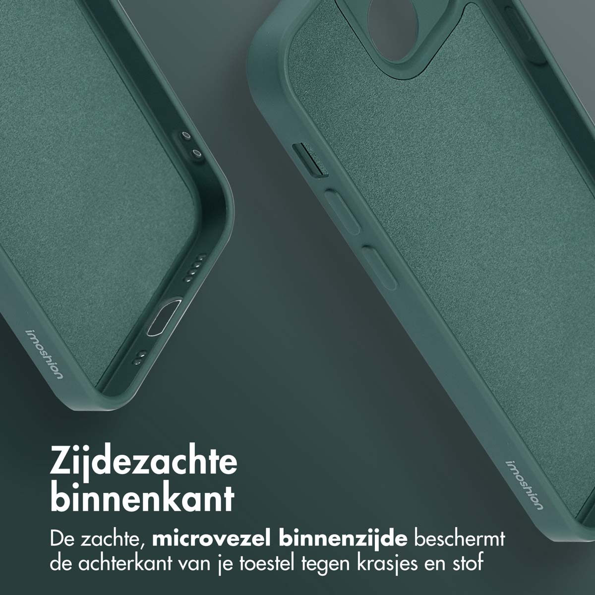 Gros plan de l'intérieur de l'étui de téléphone vert. La doublure en microfibre est visible.