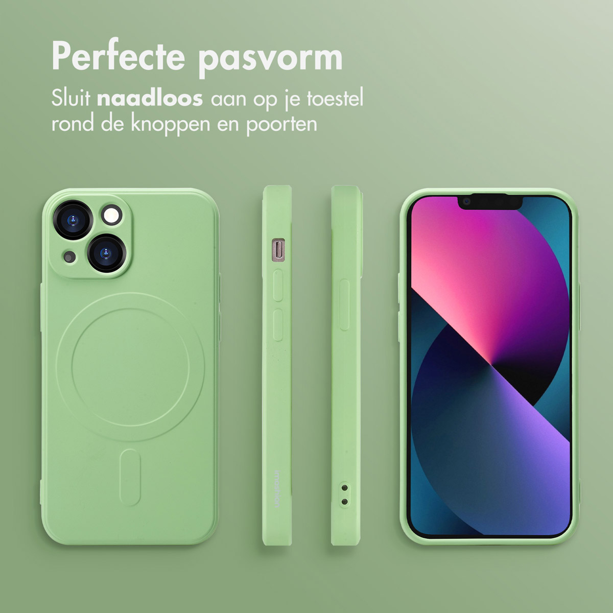Coque de téléphone avec téléphone affiché, montrant l'avant, le côté et l'arrière, tous verts. Texte : Ajustement parfait.