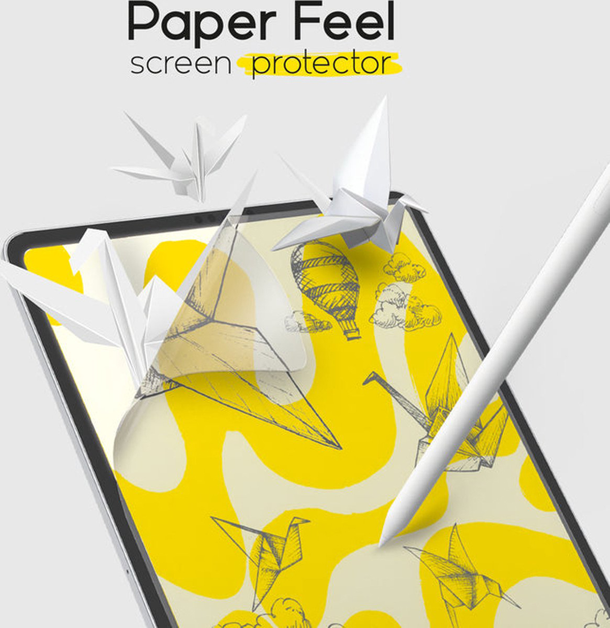Pellicola protettiva con effetto carta. Uccelli origami e un paesaggio disegnato.