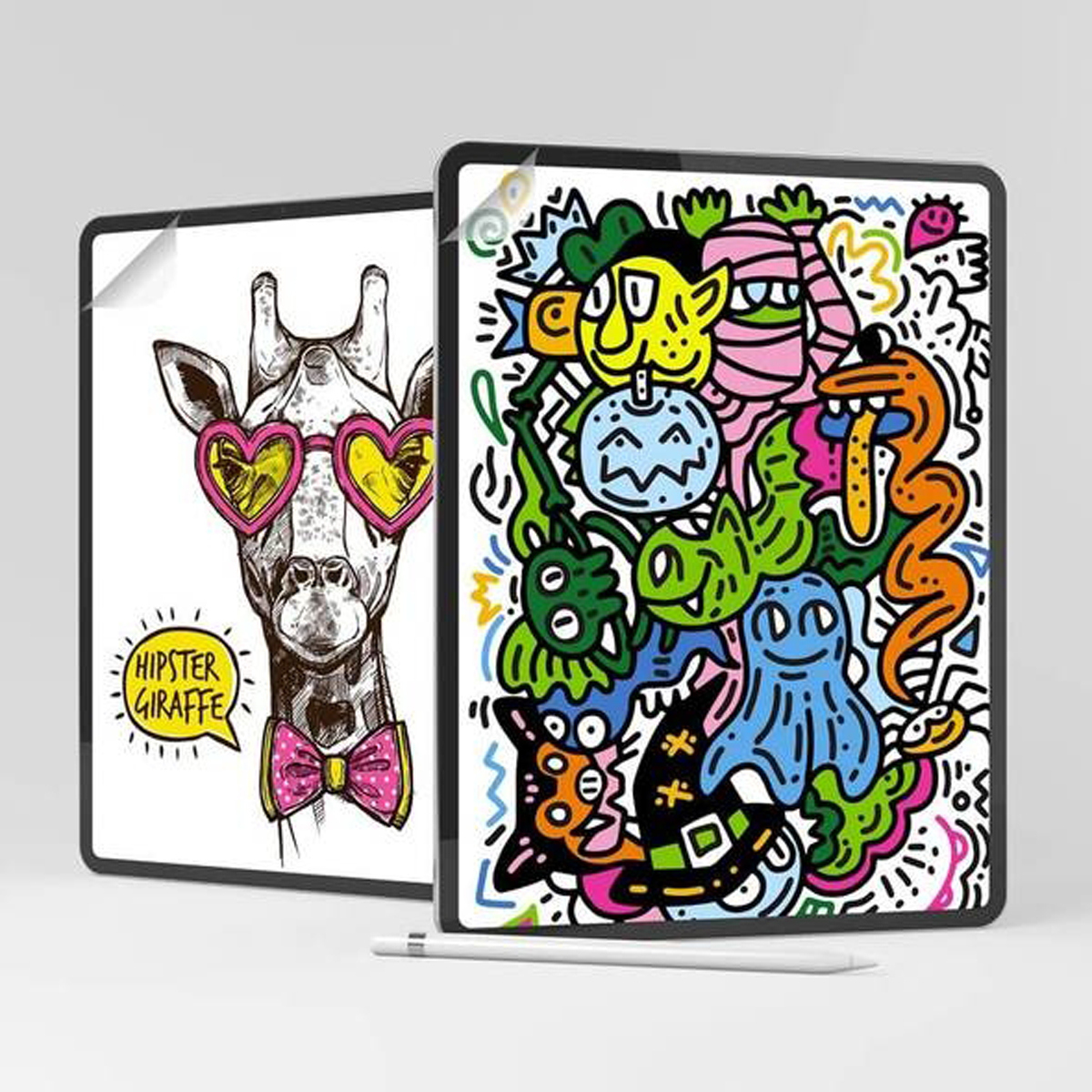 Dos tabletas mostrando dibujos animados coloridos. Una tiene una jirafa con gafas, la otra monstruos.