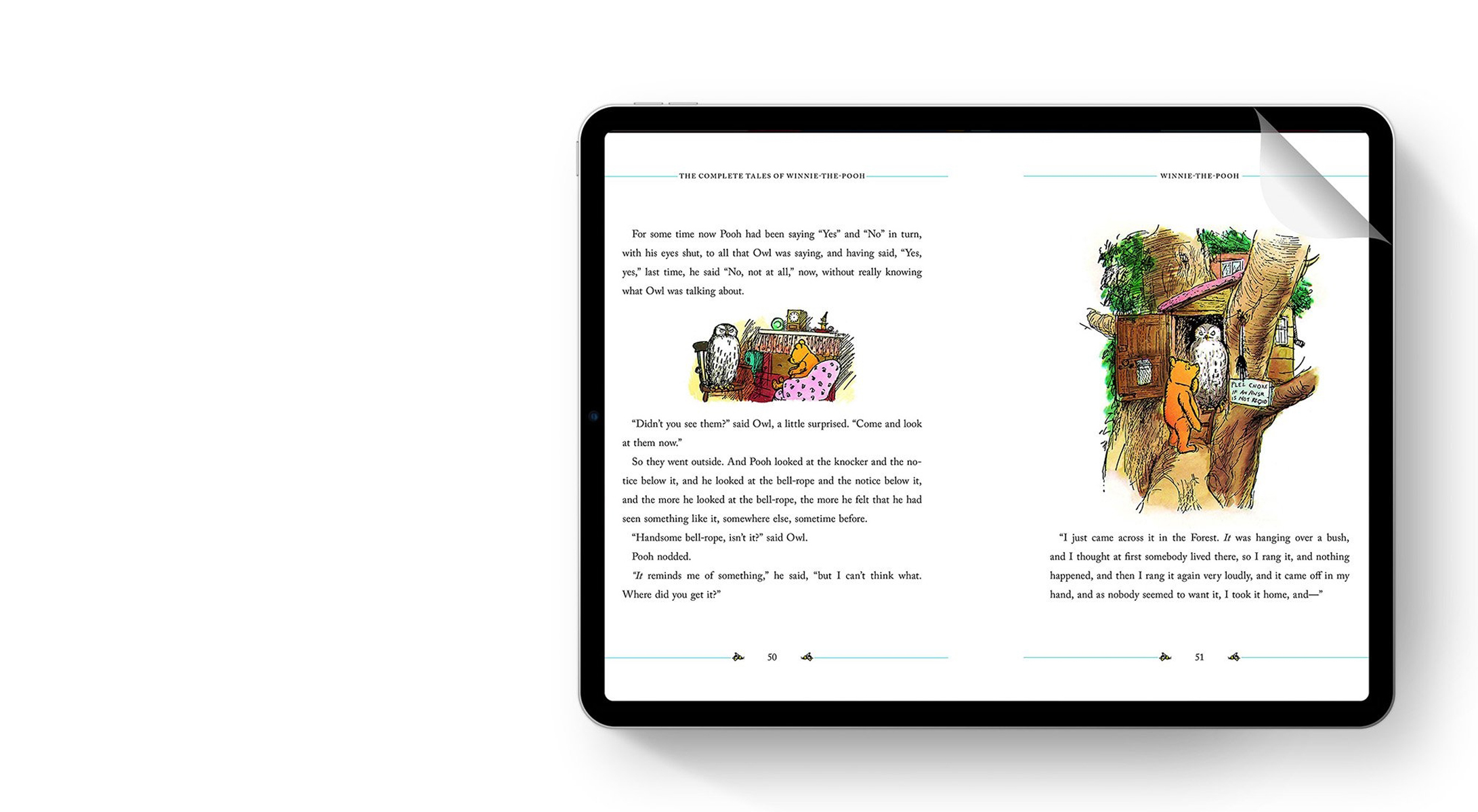 Tableta que muestra el libro Winnie the Pooh, con ilustraciones y texto visibles en la pantalla.