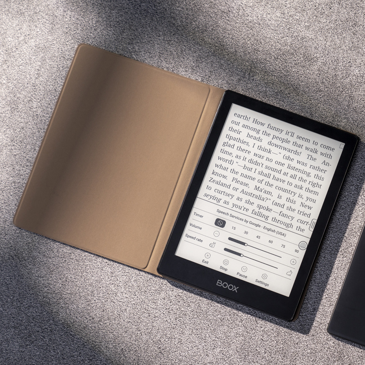 Ein E-Reader mit beigem Einband, der Text anzeigt, und Bedienoptionen auf dem Bildschirm.