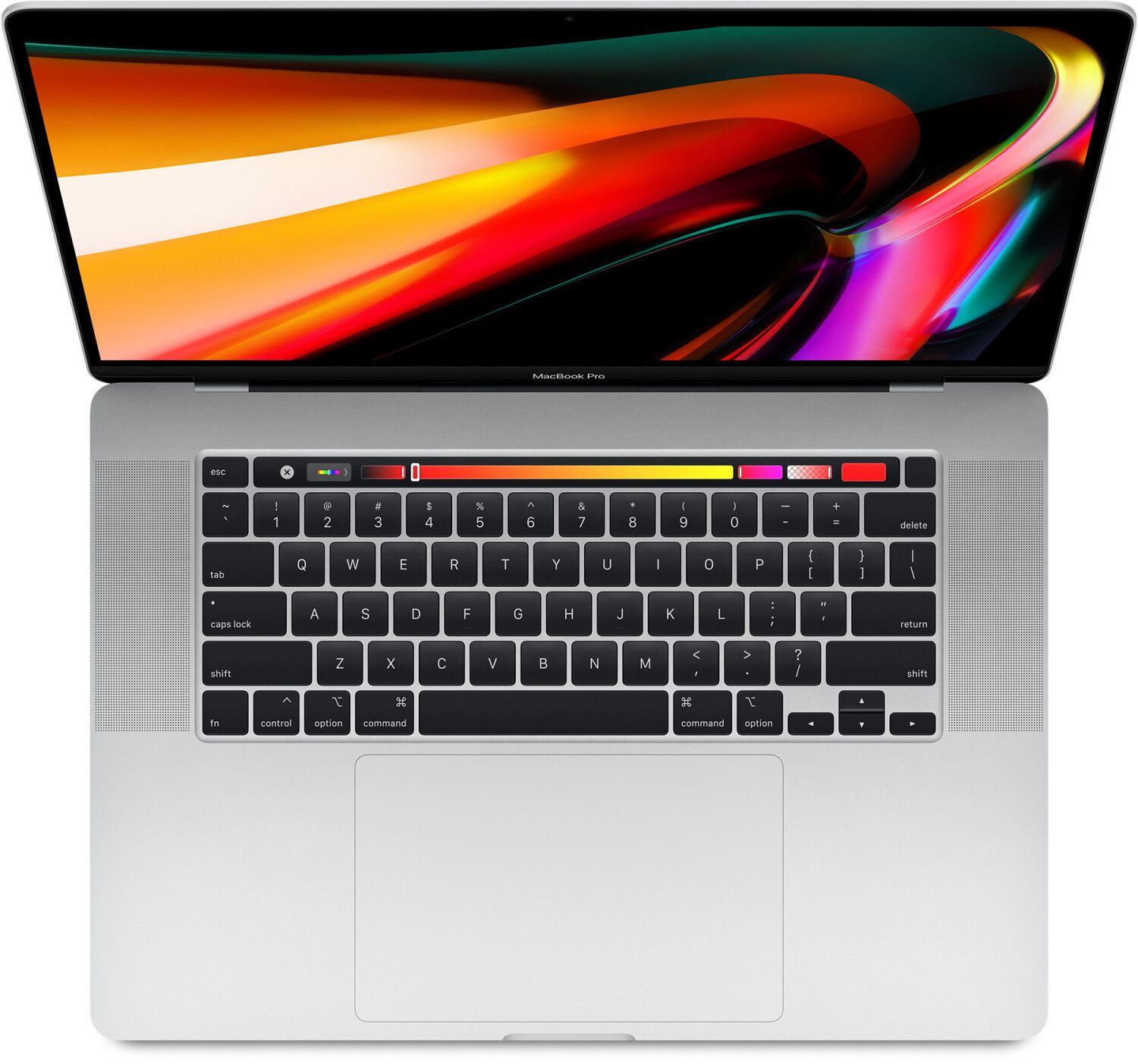 Vista cenital de un MacBook Pro plateado, con teclado visible y una pantalla vibrante y colorida.